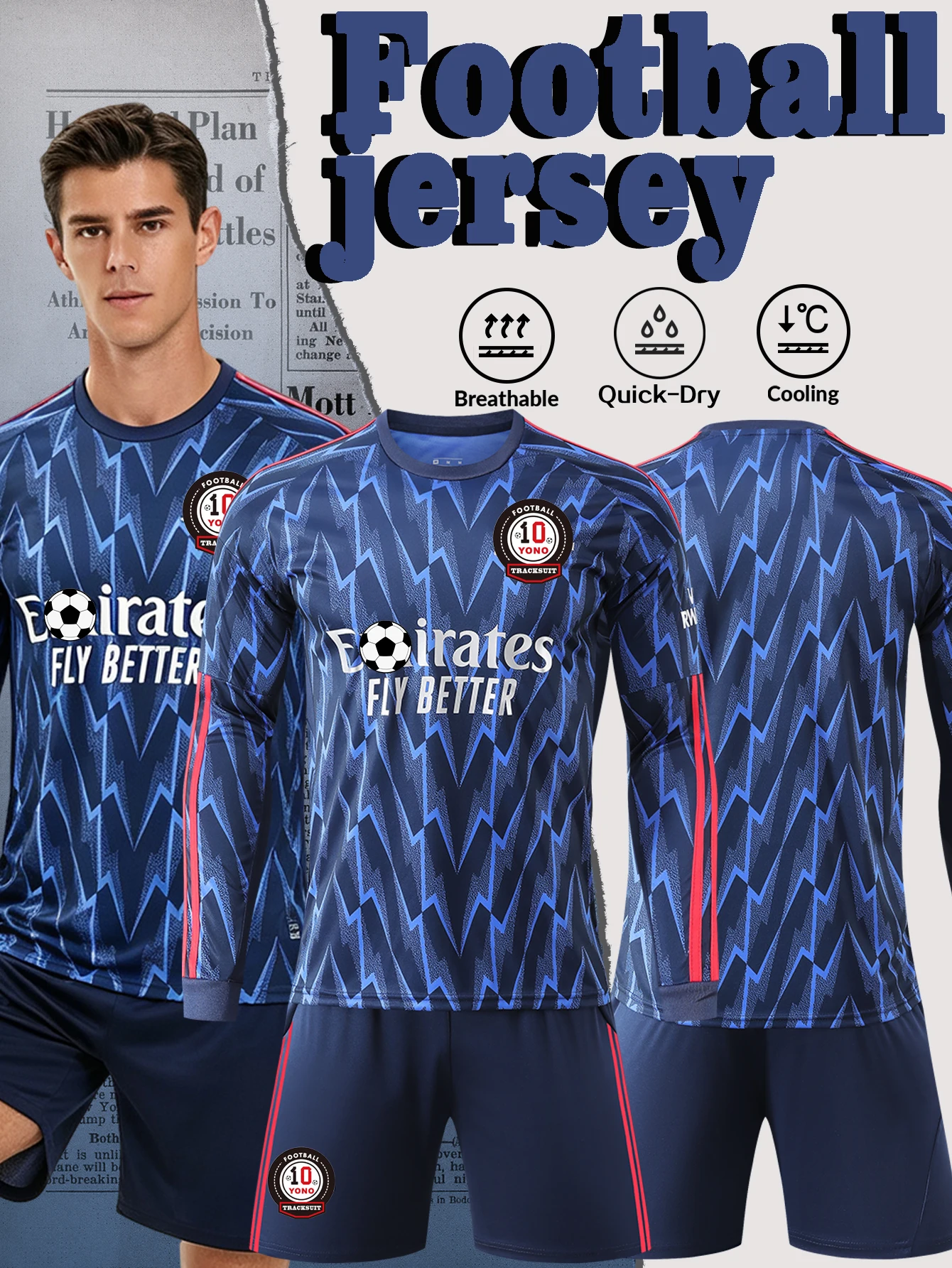 Men Long Sleeve Soccer Jersey Set Dark Blue Printed Football Uniform Suit Quick Dry Breathable Sport Shirt And Shorts Adult Team