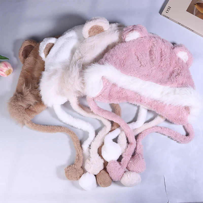 Otoño e Invierno ciclismo cálido y versátil protección para los oídos lindo peludo piel de zorro oso oreja sombrero parece pequeño conjunto de bufanda con capucha de dos piezas