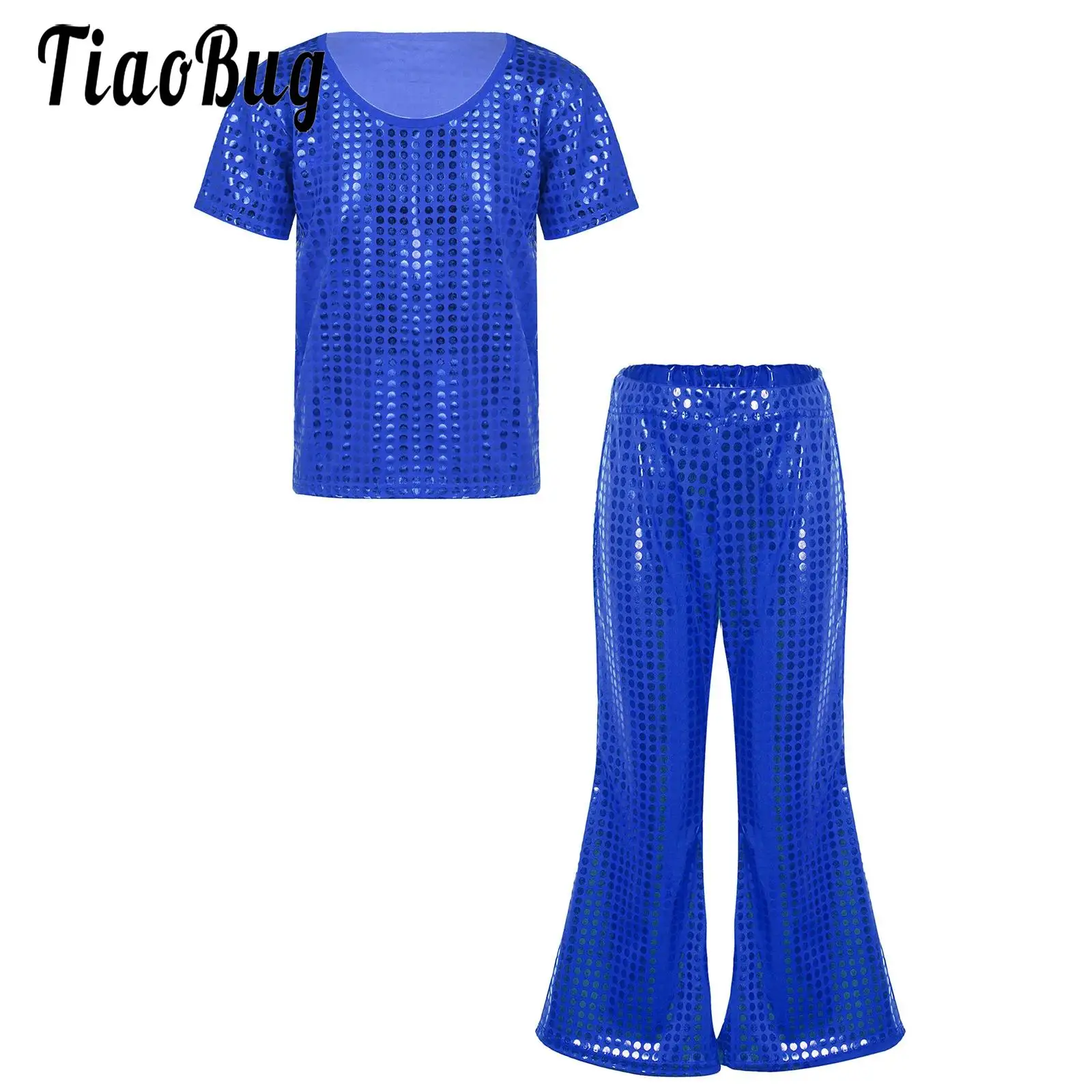 

Kids Boys Girls Shiny Sequins Stage Performance Outfits Short Sleeve Solid Color T-shirt with Elastic Waistband Flared Pants Set