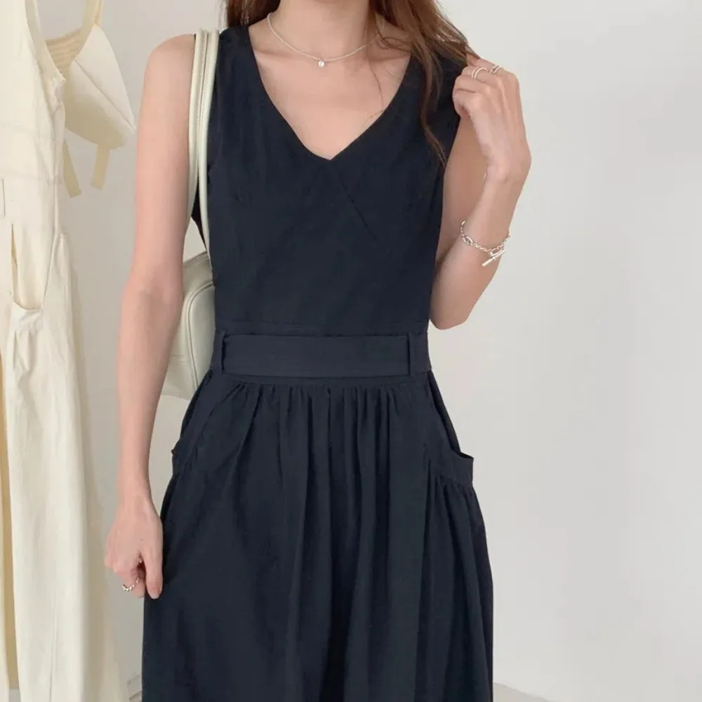 100% puro cotone tenero senza maniche abito lungo dal carro armato donna estate telai sottile a-line maxi vestito estivo femminile grandi tasche 2025