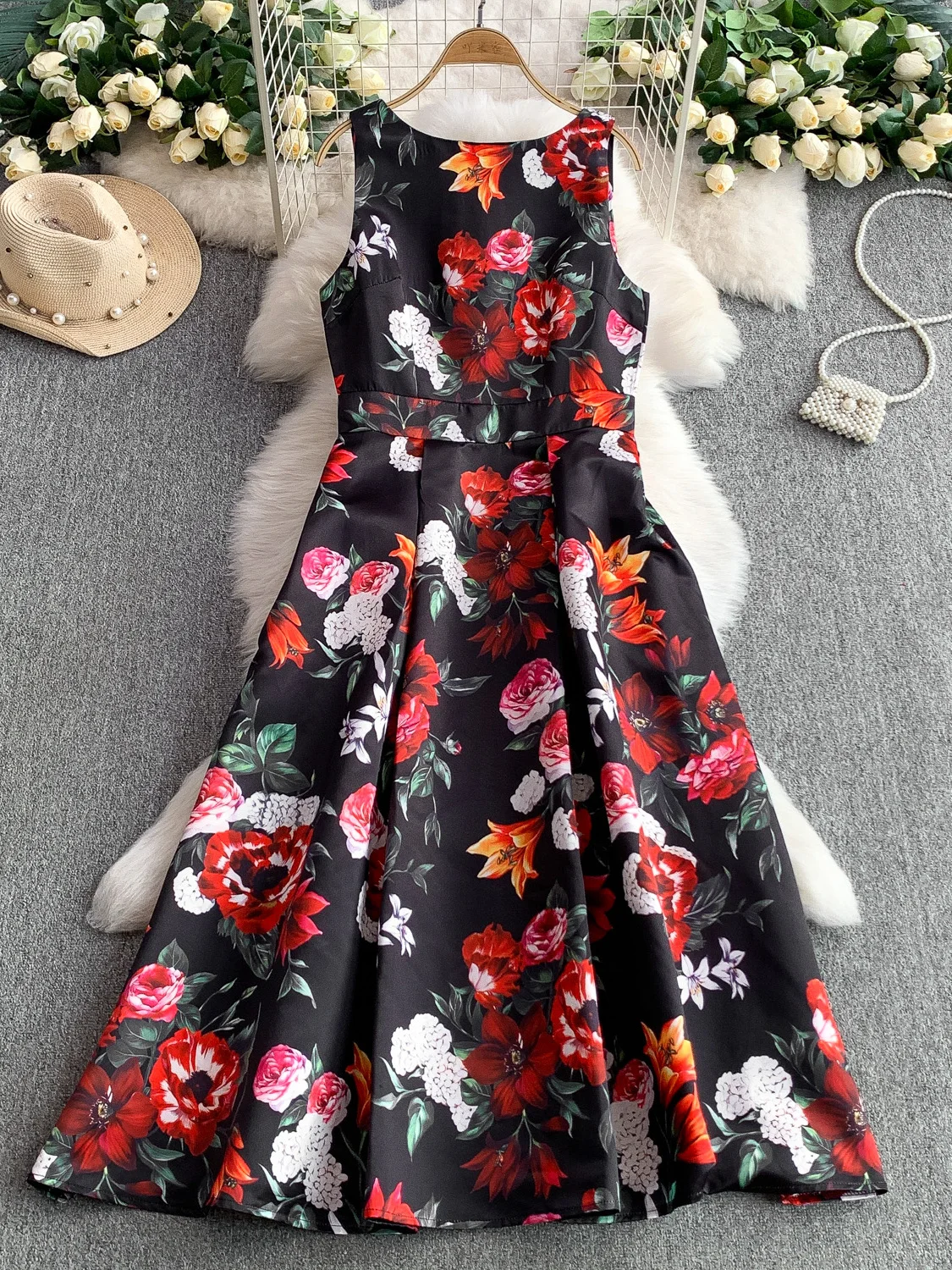 Robe longue en Satin à fleurs pour femmes, élégante, Jacquard Dobby, mi-longue, imprimée, sans manches, Vintage, décontractée