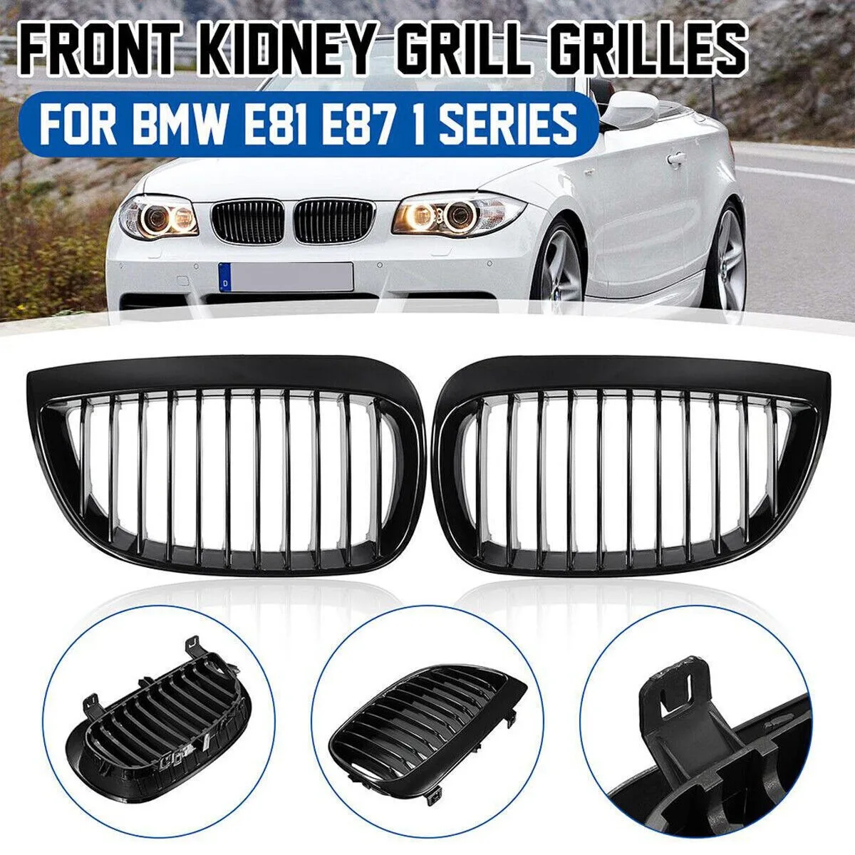 For 2004-2007 BMW 1 Series E81 E87 118i 120d Gloss Black Front Kidney Grille 2pc