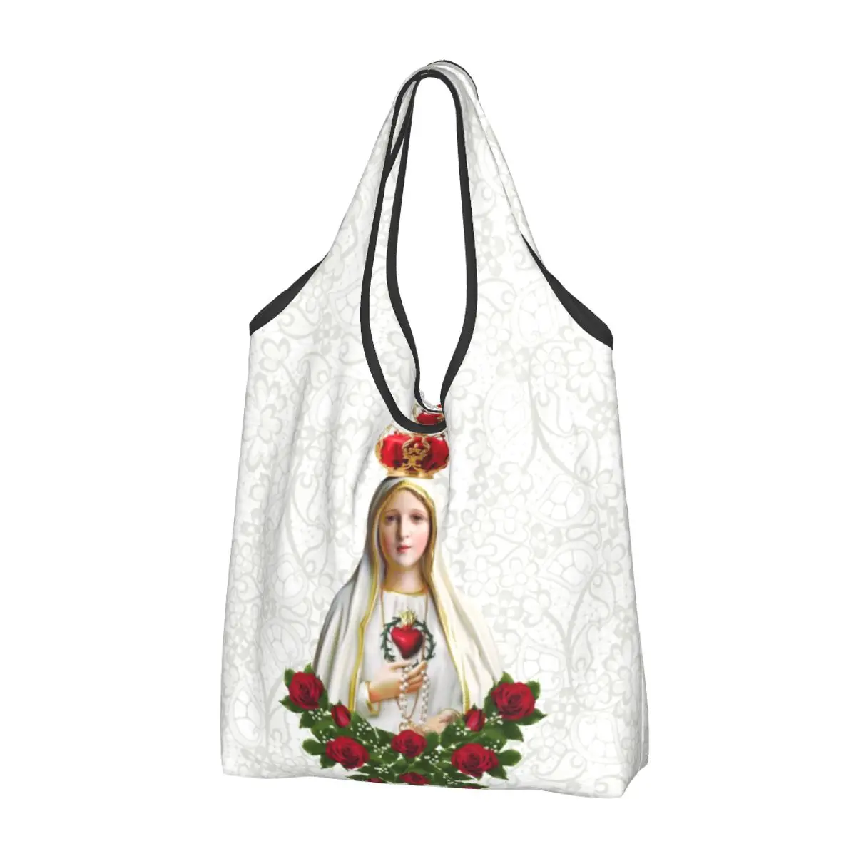 Custom Our Lady Of Fatima Virgin Mary Groceries Shopping Bag Shopper Tote Shoulder Bags Portable Portugal Rosary Catholic Handba