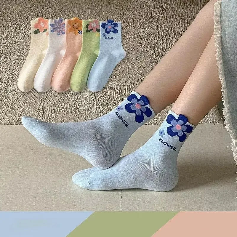 

5 Pairs/Pack Spring Autumn New Sweet Tulip Flowers Print Solid Color Socks Cute Students Girls Middle Tube Socks
