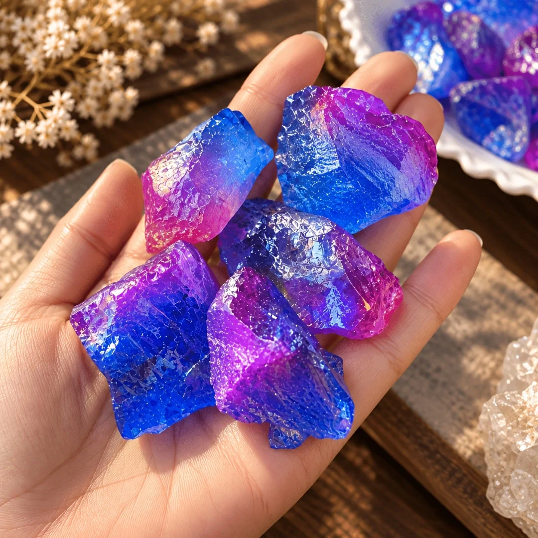 Blue Purple Iridescent Rough Stone Pieces, Colorful Raw Crystal Decorative Rocks, Shimmering Mineral Specimens for Home Display