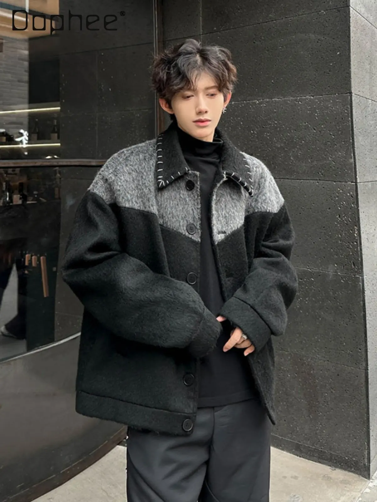 

2026 Spring and Autumn New Men's Commuting Style Gray and Black Patchwork Loose Casual Turn-Down Collar Jacket