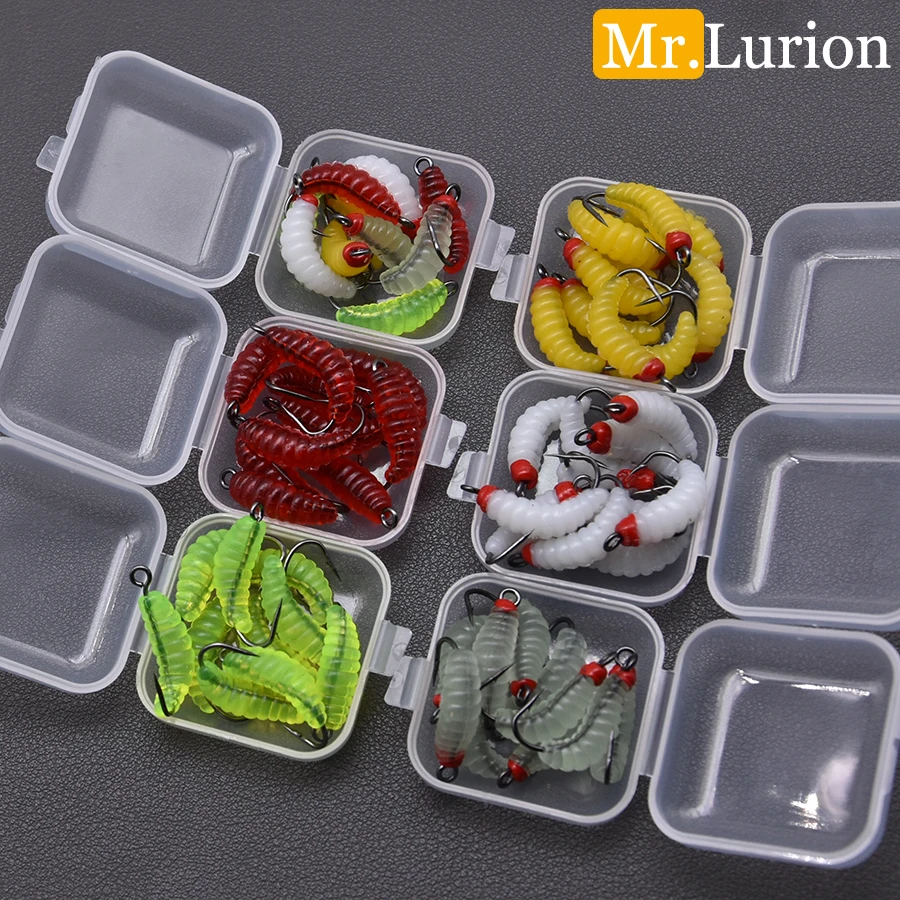 MrLurion 10 unids/caja 2cm lombriz señuelo softbait para aparejos de pesca, trucha salmón lubina pesca gusano señuelo insecto cebo con gancho