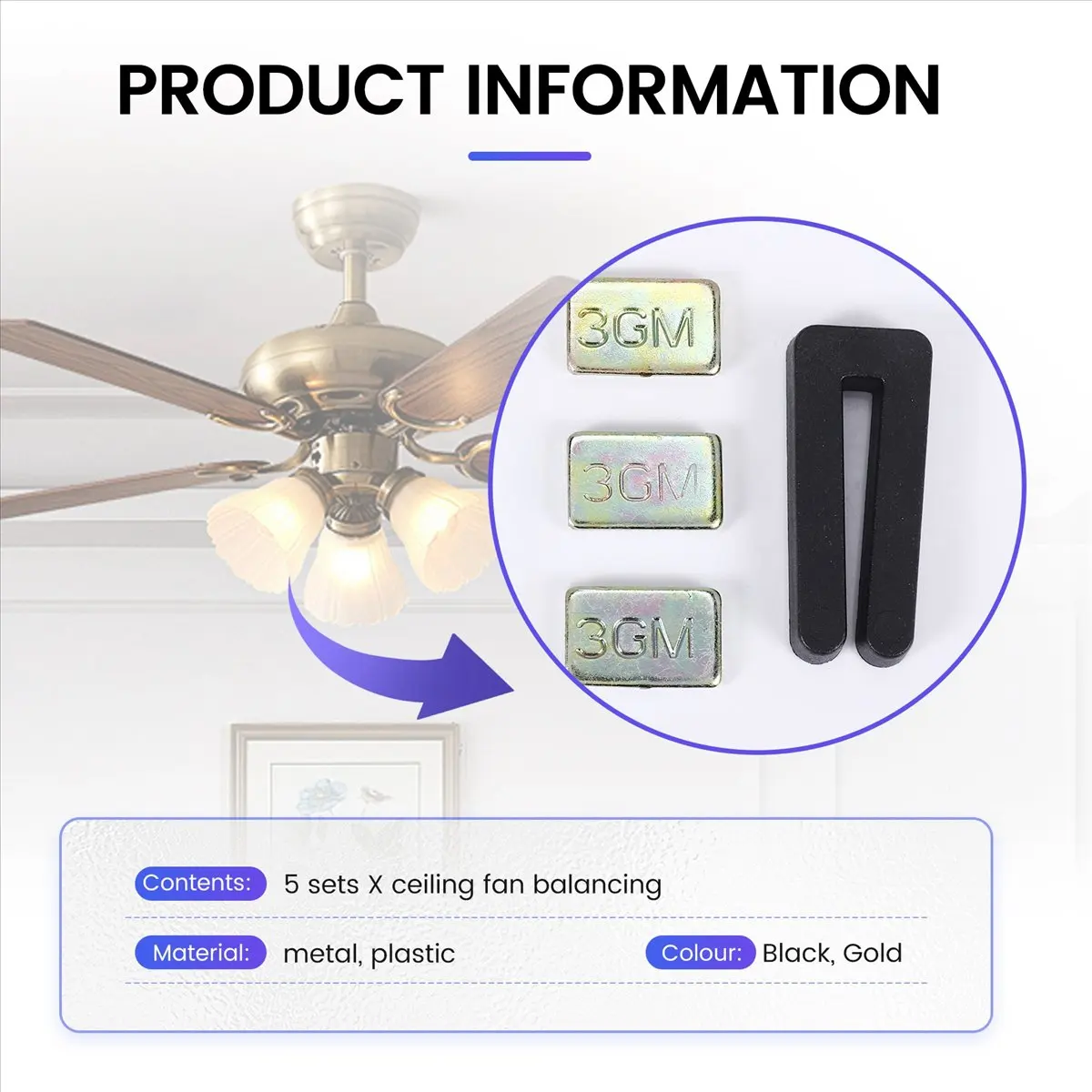 #30N 20PCS Ceiling Fan Blade Kit,Including 5Pcs Clips & 15Pcs 3G Weight,Resilient Fan Balance Clips,(Black& Gold)