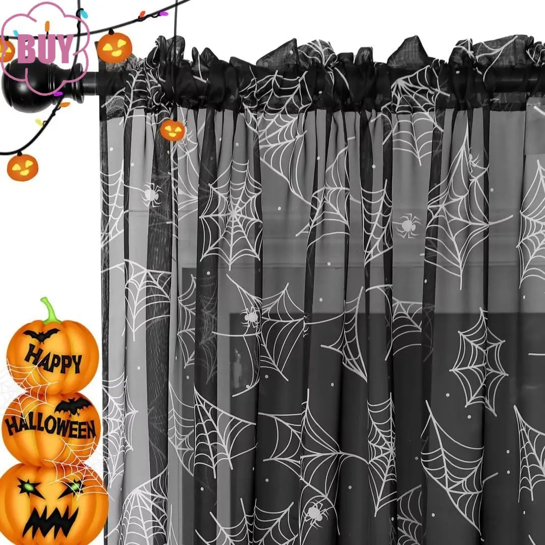 

Halloween Curtains for Living Dining Room Bedroom Home Halloween Decorations Spider Web Window Drapes Black Sheer Home Decor