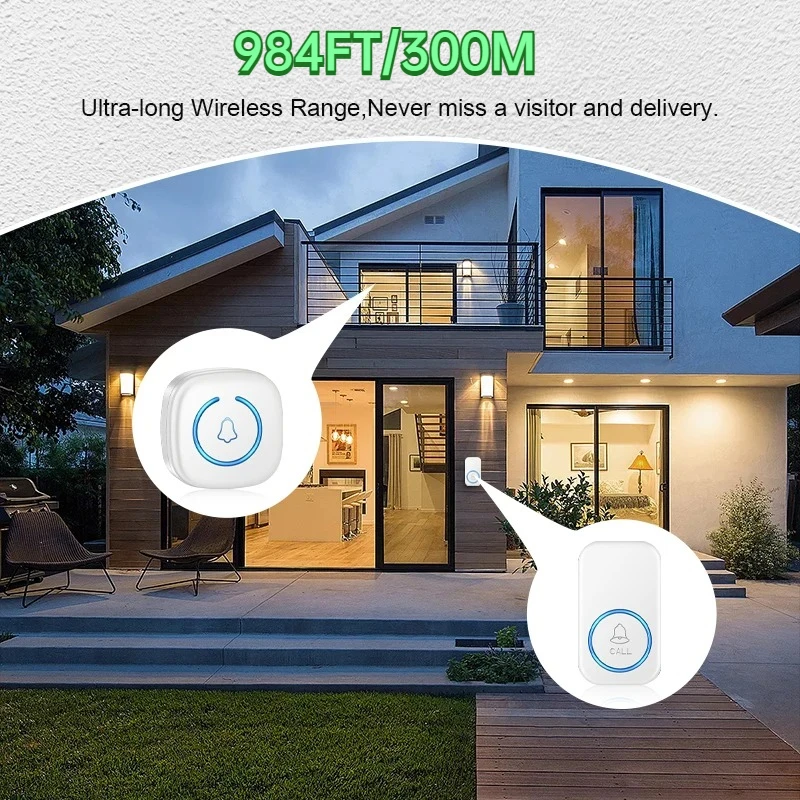2026 Wireless Door Bell 300M/984 FT Remote 60 Songs Silent blue light intelligent Remote control high-volume elderly call device