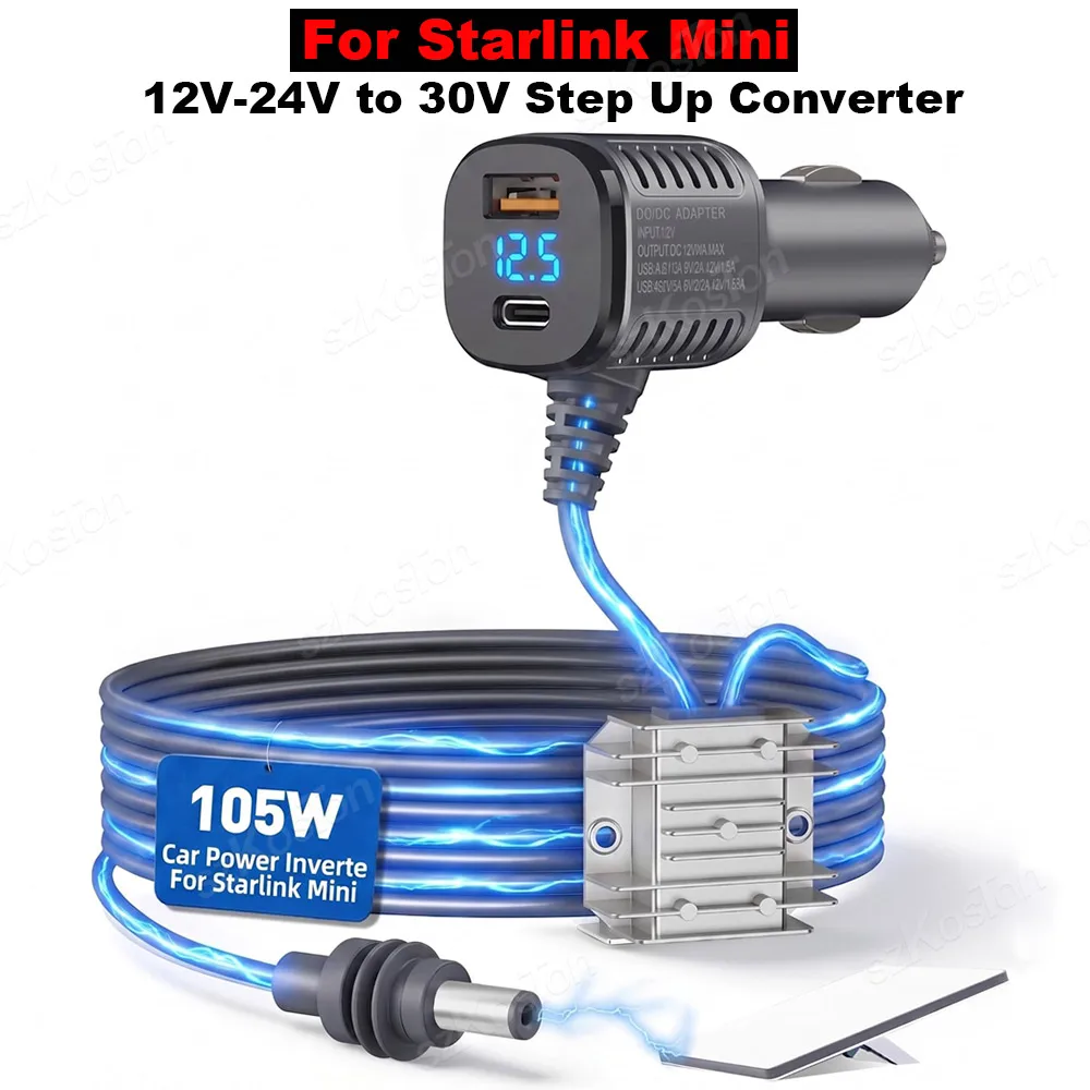105W Boost For Starlink Mini Car Cigarette Lighter Adapter 12V-24V to 30V Step Up Converter DC Power Cable for Rvs Campers Boats