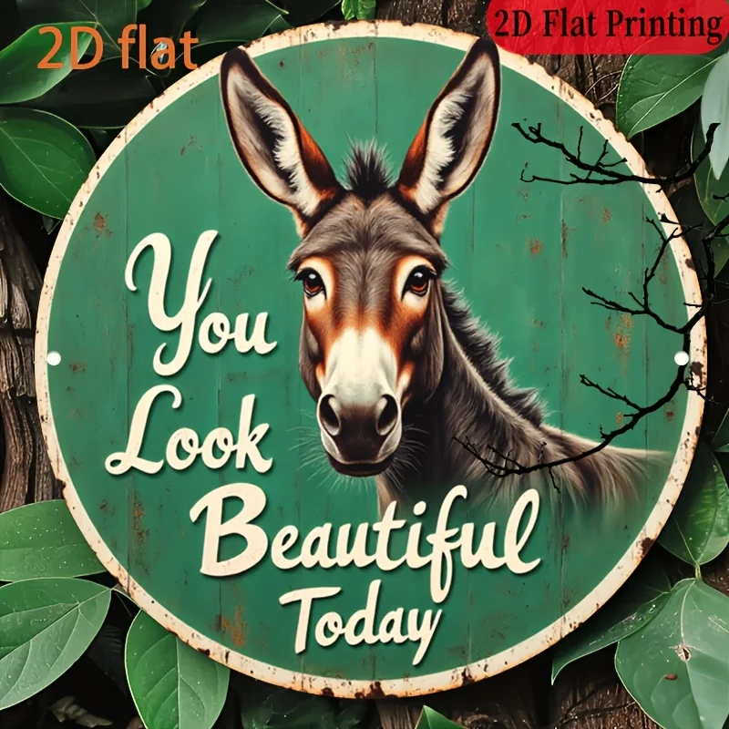 Letrero de pared de aluminio Vintage, diseño de burro "You Look Beautiful Today", fondo verde rústico, perfecto para H, 20,32x20,32 cm, 1 ud.