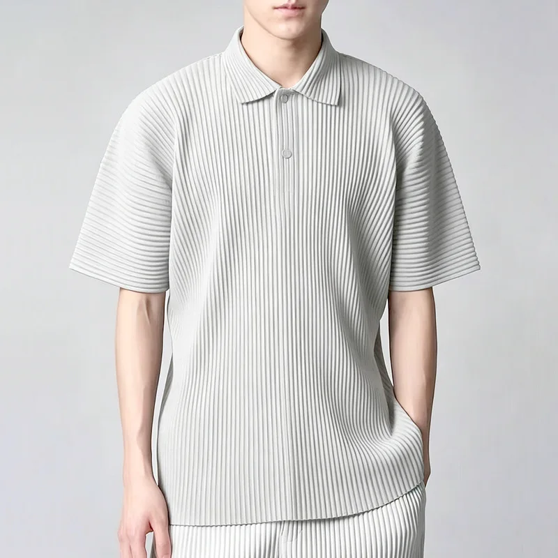 MIYAKE pleated short-sleeved V-neck button-down polo shirt t-shirt for men