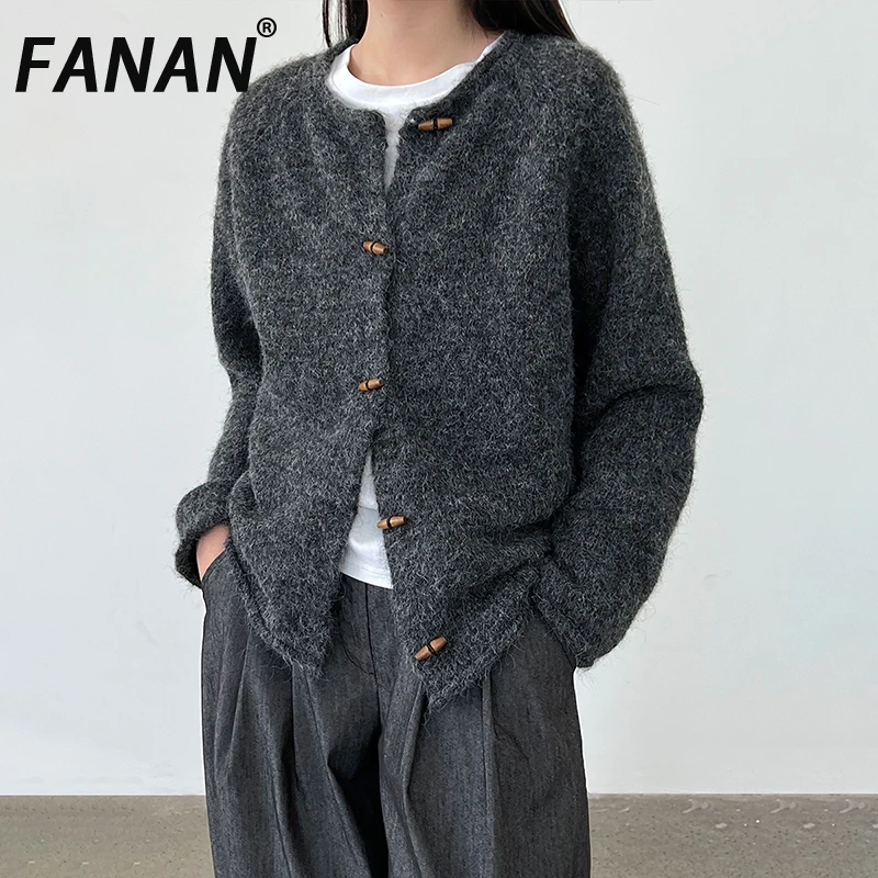 

FANAN минималистичный шерстяной вязаный свитер, женский однобортный однобортный офисный женский свитер с круглым вырезом, модные женские топы, новинка осени 2023 г.