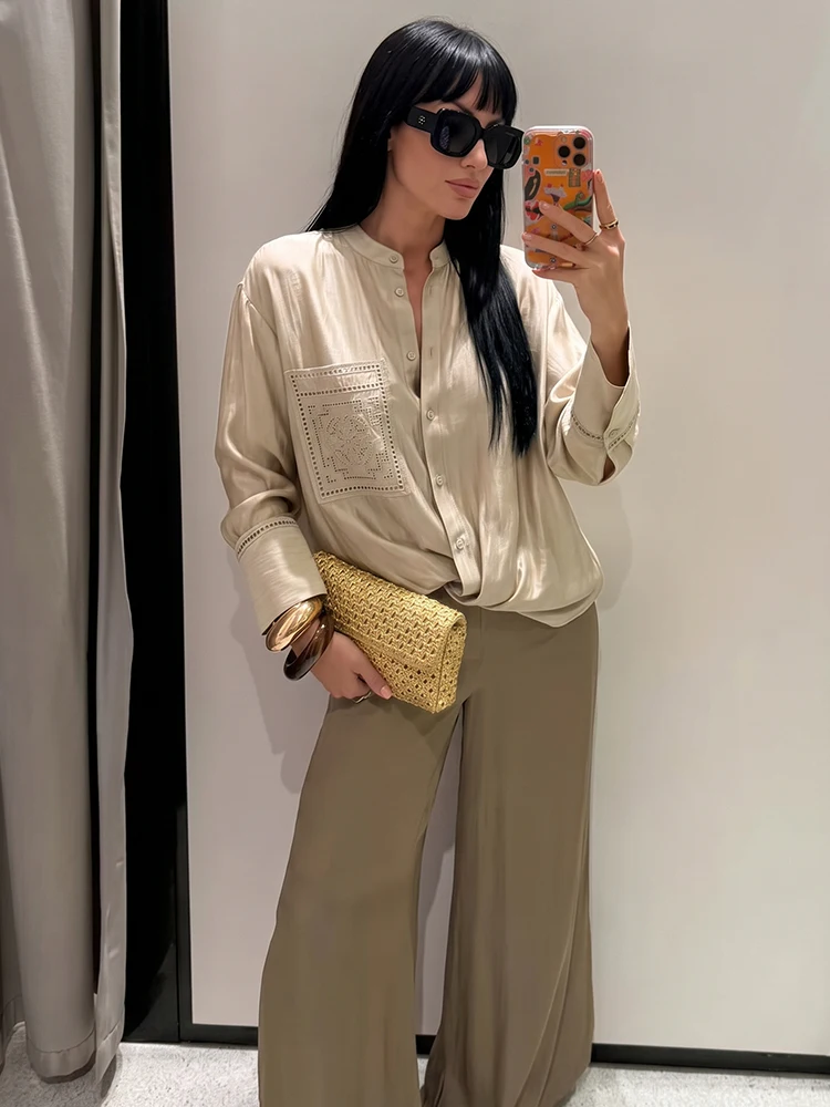 HH Elegant Satin Embroidered Shirt For Women 2026 Summer Stand Collar Long Sleeves Embroidered Pockets Chic Street Thin Blouse