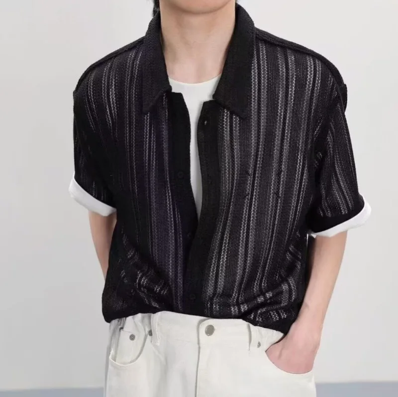 Herren-Strickhemd mit Aushöhlungen und Streifen, Kurzarm, Umlegekragen, Knopfleiste, Lässige Bluse, Atmungsaktives Durchsichtiges Sommer-Oberteil – Detail 3