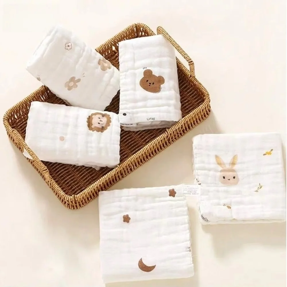 2PCS 6 Layer Cotton Saliva Towels Small Square Embroidery Design Burp Cloth Hand & Face Wipes Soft Washcloth Feeding Time