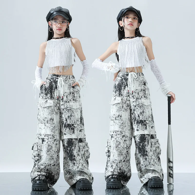 Jazz Dance Costume Girls Hip Hop Clothes Tassel Tops Loose Pants Street Dance Hip Hop Performance Clothing