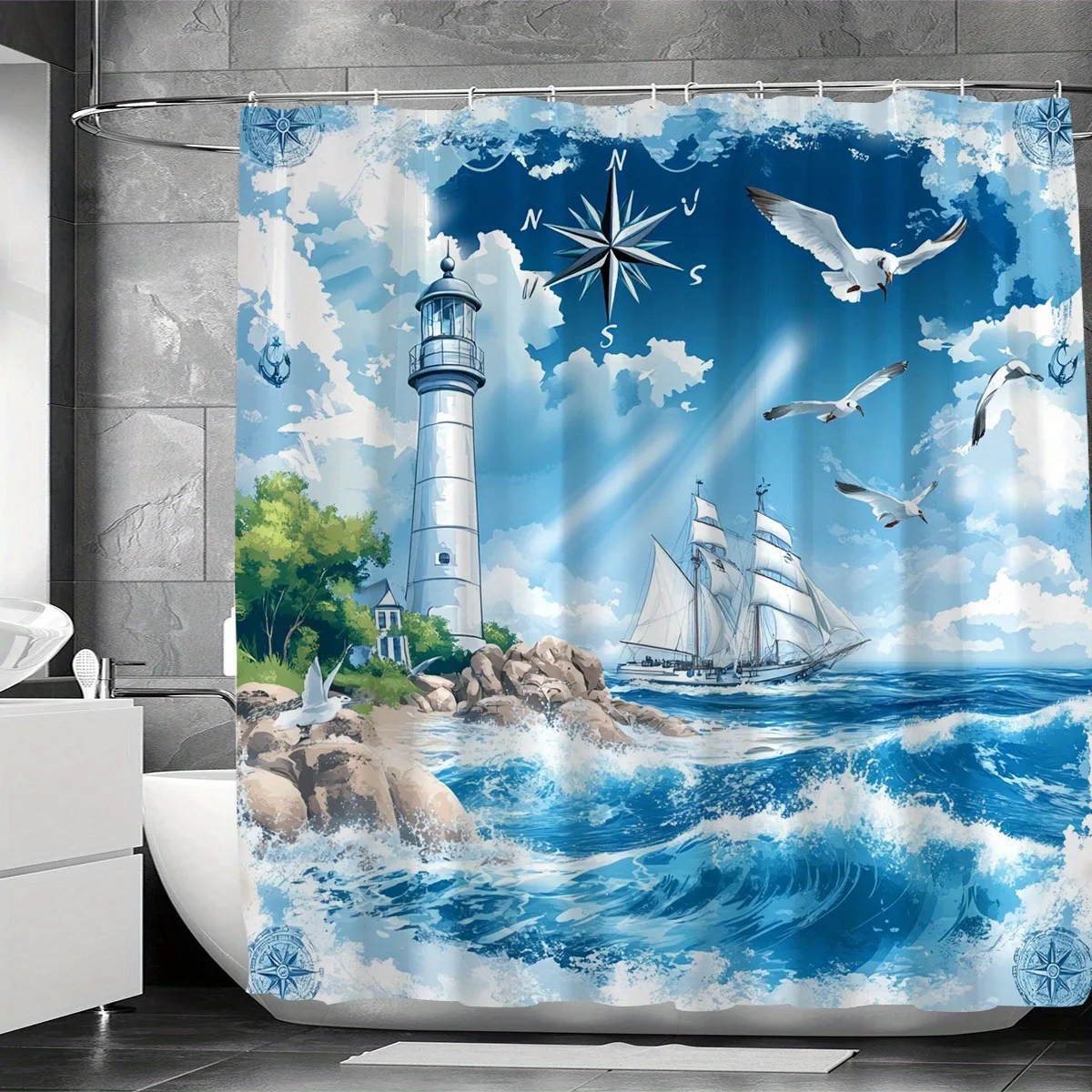 

Синяя морская тематическая занавеска для душа, моющаяся грязеотталкивающая насадка для душа, водонепроницаемая полиэстеровая занавеска для ванны для домашнего декора
