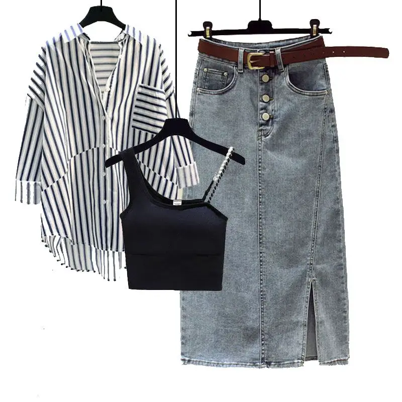 Spring/Summer Set Women\'s New Fashionable Striped Shirt with Hanging Straps and Denim Skirt to Reduce Age Three Piece Set