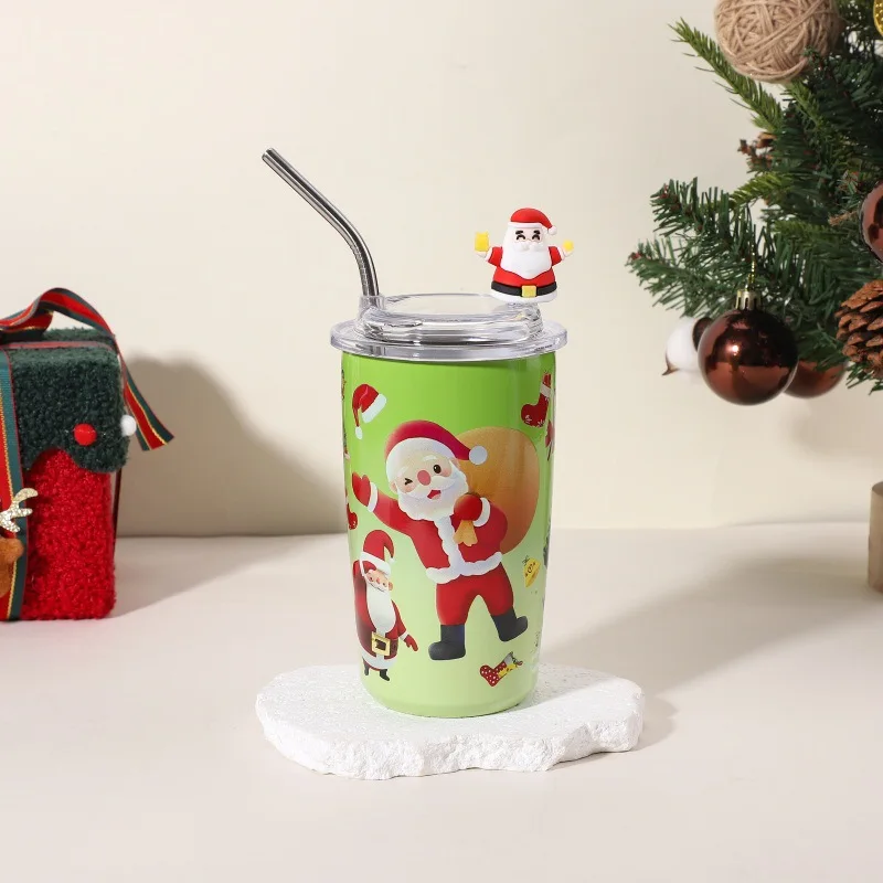 1pc Christmas Series Straw Cup Cartoon Printing Double Layer 304 Stainless Steel Insulation Cup Shatterproof Large Capacity Cup