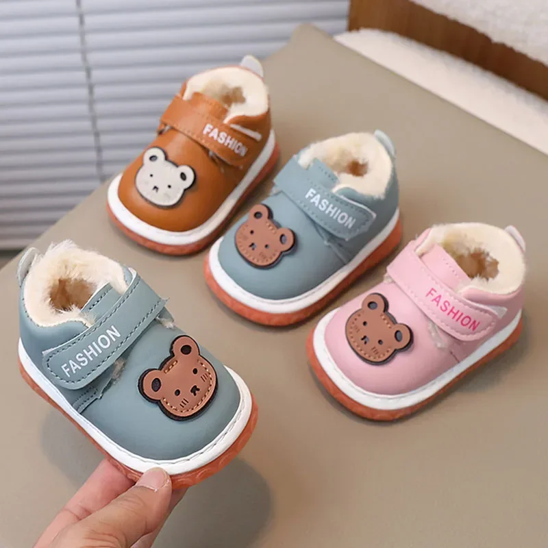 Newborn Baby Girls Boys Shoes Soft Non-slip Infant Toddler Leather First Walkers Autumn Winter Plush Warm Kids Cartoon Sneakers