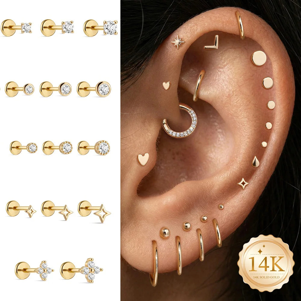 AIDE 14K Solid Gold Multi-size Mini Piercing Earrings For Women Classic Glossy Heart/Round/Star Wedding Bridal Luxury Jewelry