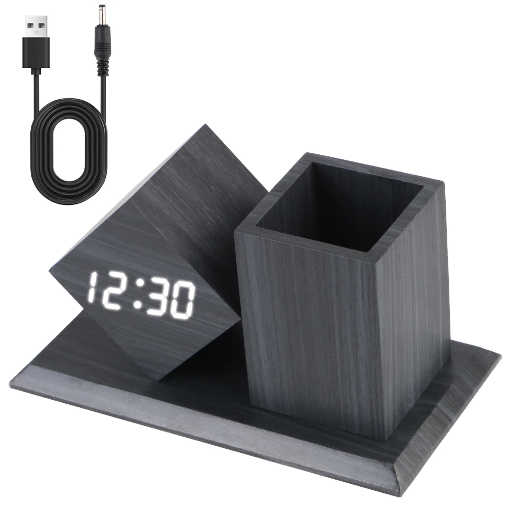 Voice Controlled ​Wooden LED Digital Pen Holder Alarm Clock Student Battery Powered with Temperature LED Clock