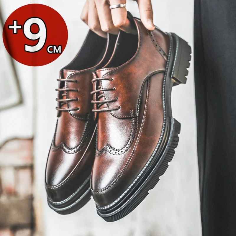 Plus Size Elevator Shoes 7/9cm Height Increase Shoes Lift Men Dress Leather Shoes For Man Invisible Inside Height Wedding Shoes