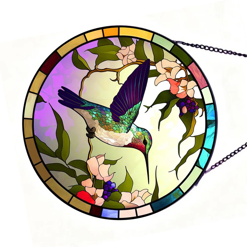 20cm Hummingbird Stained Glass Window Hanging Flower Garden Decoration Metal Chain Outdoor Yard Ornament Bird Lover Gift- Set