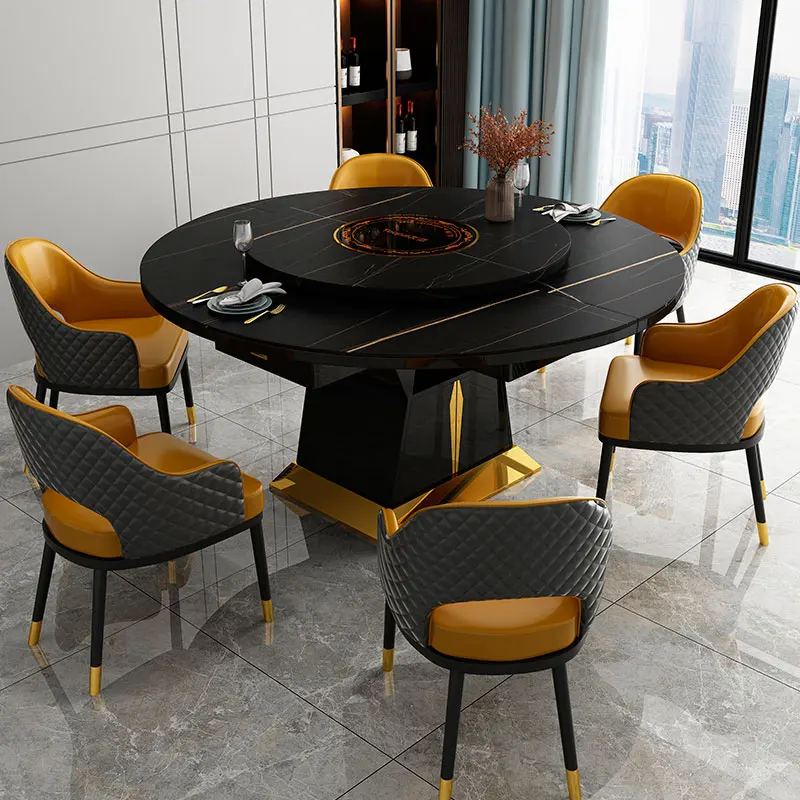 Small unit multi-functional and minimalist dining table with a retractable electromagnetic stove and rotary table