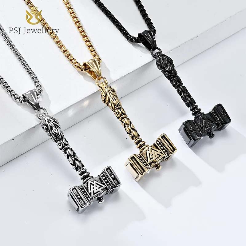 

Fashion Vintage Jewelry Nordic Viking Odin Thor's Hammer Design Pendant Beaded Chain Stainless Steel Necklaces for Men