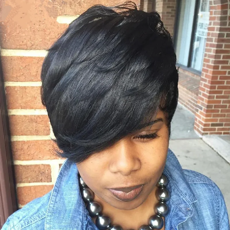 

pixie with bang 150% density short straight human hair wigs for women daily party use wig natural look machine made