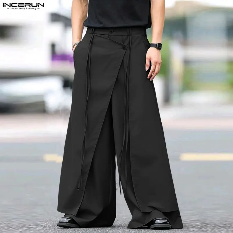 INCERUN Men's Pants Solid Color Button Joggers Loose Irregular Trousers Streetwear 2026 Casual Wide Leg Pants For Man Pantalones