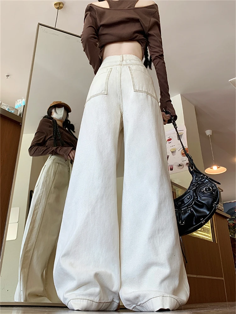 Slim Wide Leg Denim Jeans Women High Waist Flattering High Rise Floor Length Pants Covering Hip in Light Tawny Color