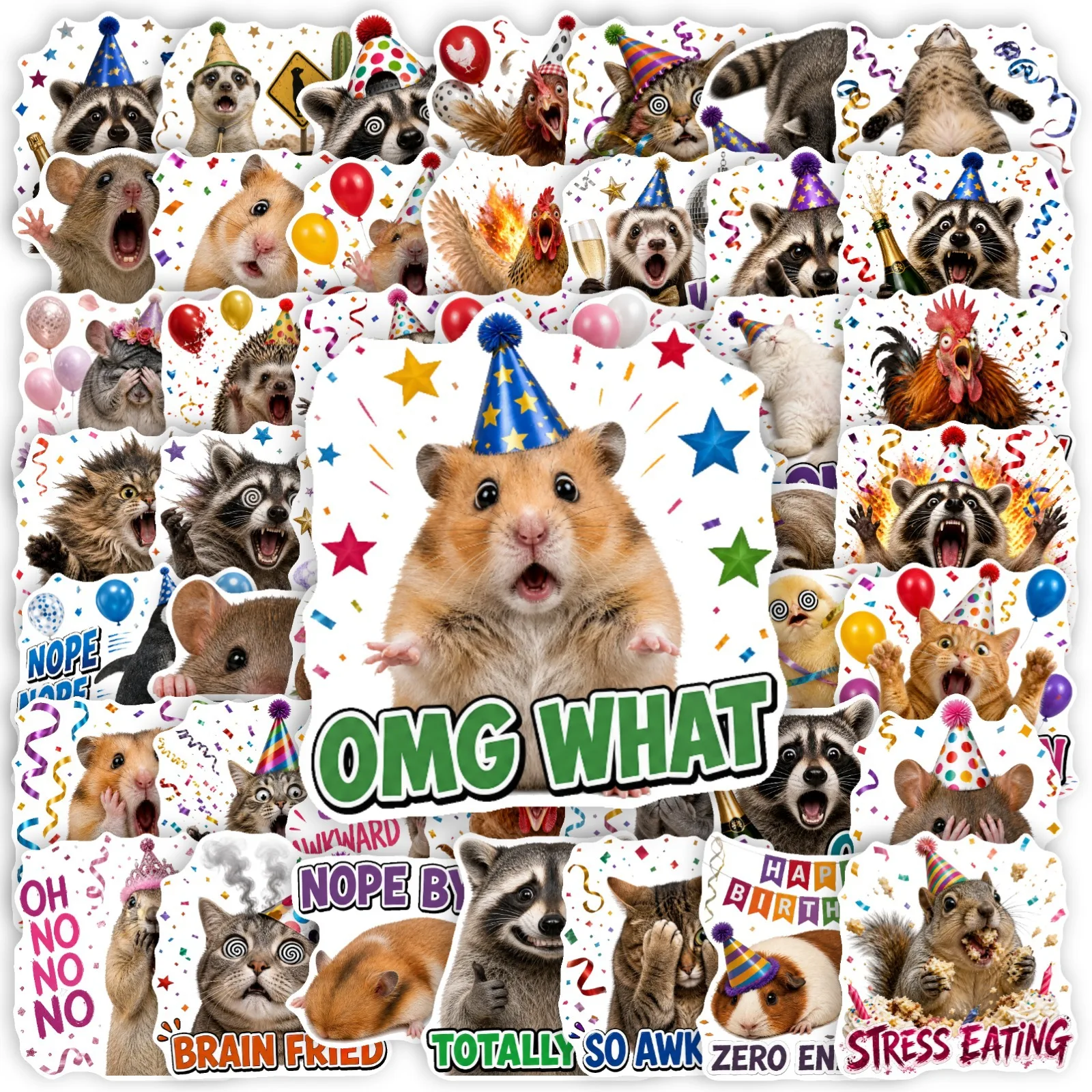 50 Pcs Animal Party Funny Stickers Waterproof Adhesive for DIY Journal Phone Case Luggage - Fun Emotion English Slogans