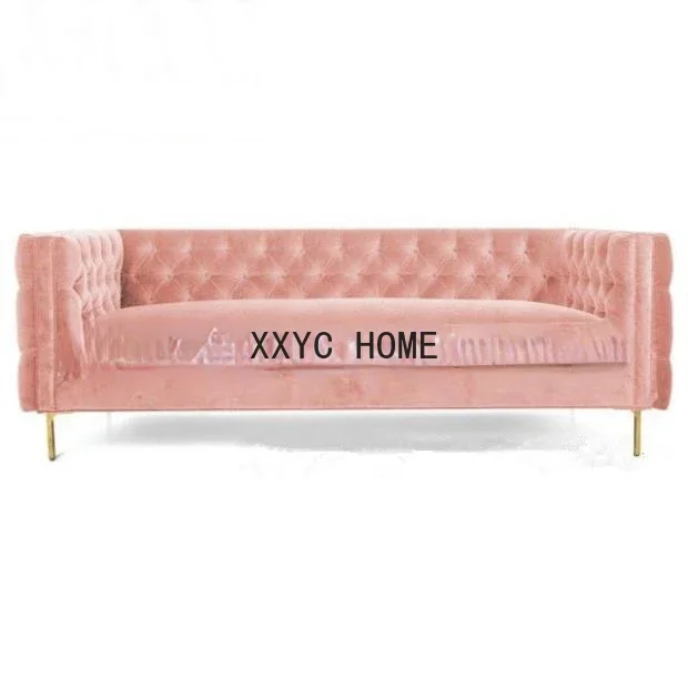 

American Fabric Pull Buckle Three-Seat Sofa Stainless Steel Flannel Soft Bag Sofa Hotel Sofa