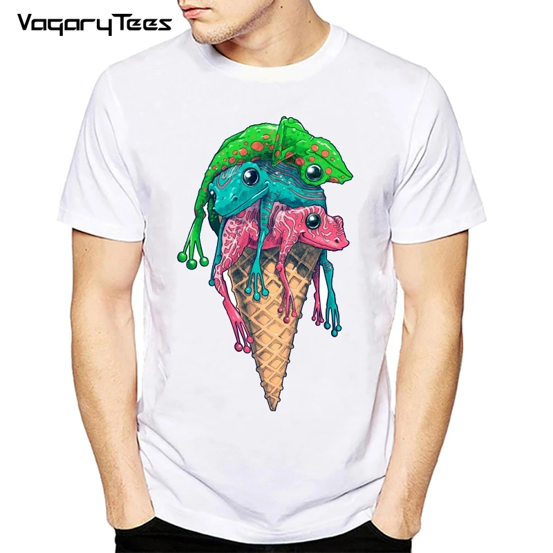 2022 Funny Icecream Frog Printed Men T-Shirt Summer Colorful Frog Tshirts Short Sleeve Funny Tees Casual Tops