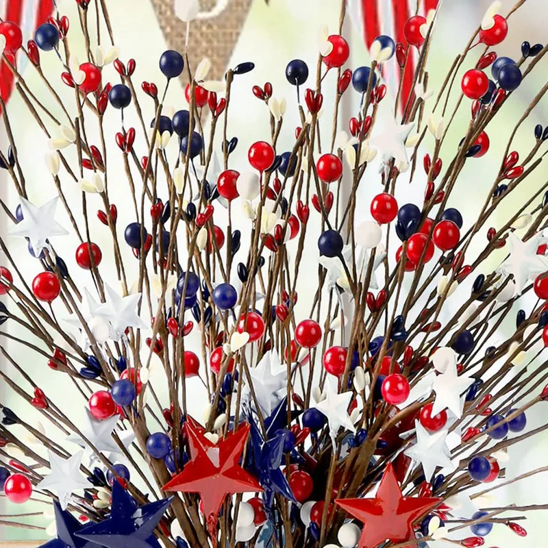 6PCS 16Inch Artificial Berry Stem Picks Patriotic Pip Berry For 4Th Of July Independence Day Memorial Day Decoration