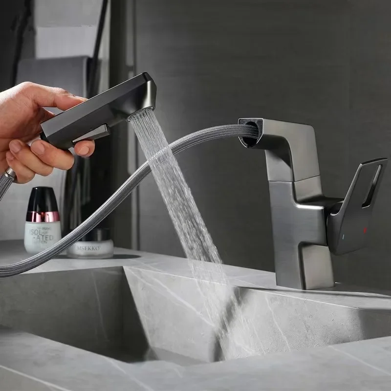 Bathroom Pull-out Basin Faucet 360 Rotation Single Hole Single Handle Hot And Cold Mixed Water Faucet Grey Sink Tap