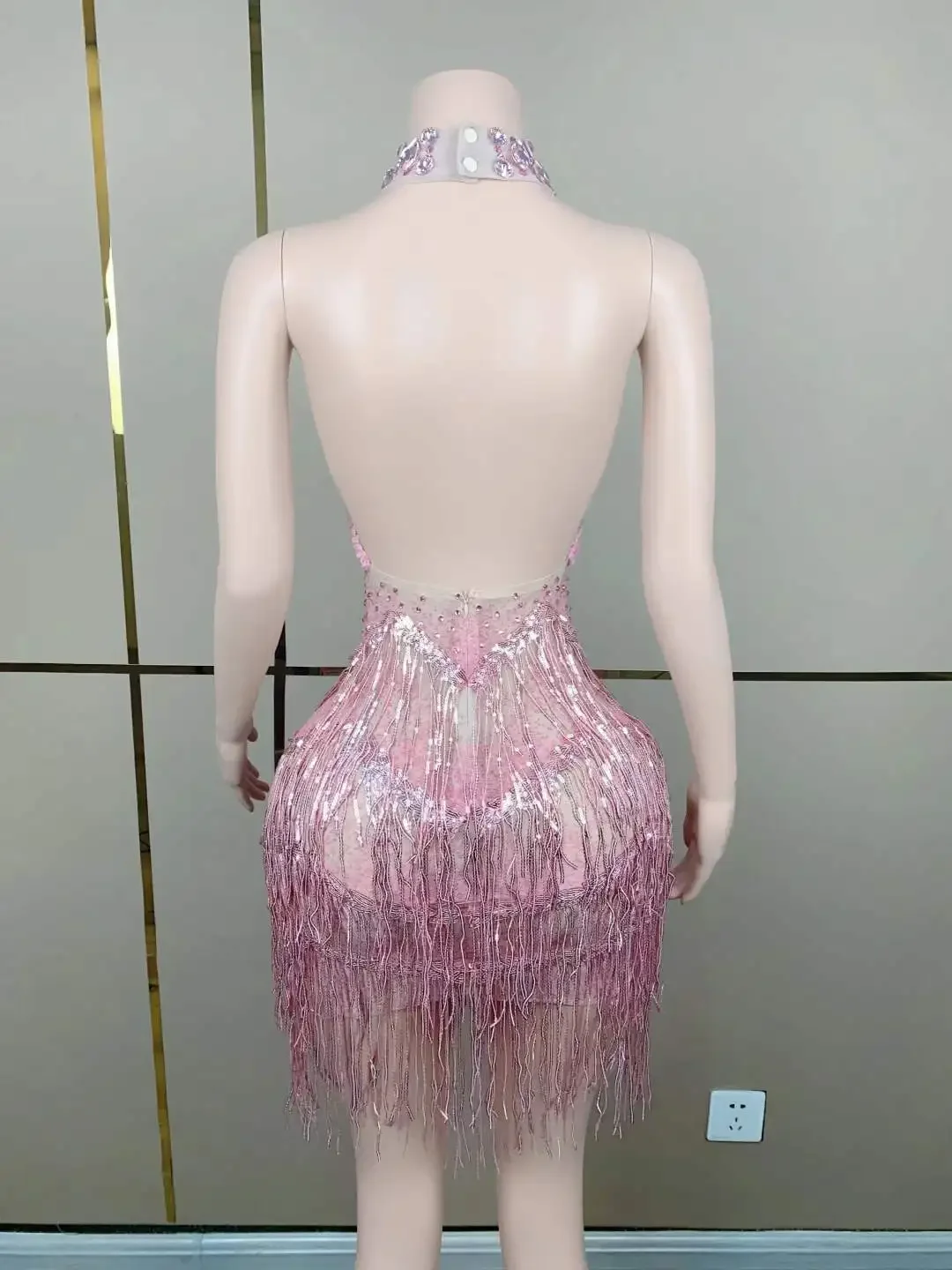Women Fringe Sparkly Pink Rhinestone Backless Sexy Dress Party Birthday Queen Stage Performance Outfit