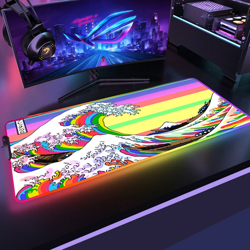 

XXL Janpanese Great Wave Off LED Lighting Mouse Pad Gamer Rubber Computer Gaming Mousepad RGB Desk Mat Colorful Luminous Pads