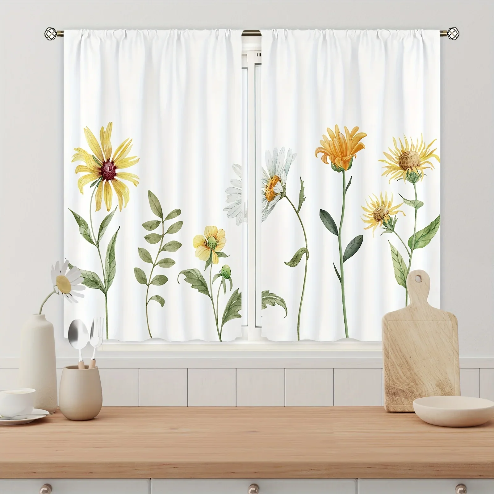 

2 Panel Set Yellow Sunflower Kitchen Curtains, Kitchen Decor Gifts Short Cafe Rustic Farmhouse Country Small Window Curtains