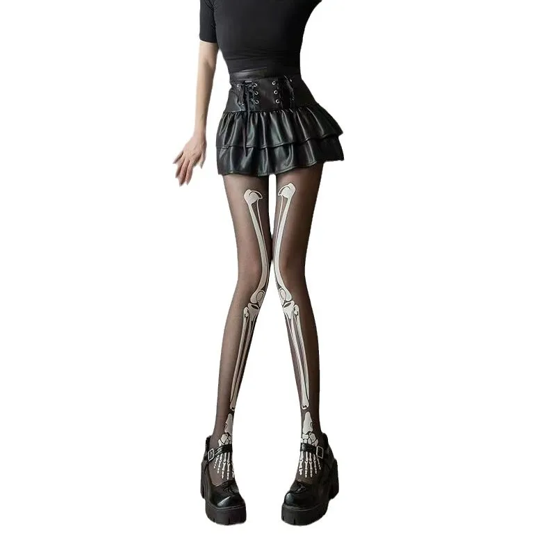 10pcs Luminous Skeleton Bone Long Stocking Pantyhose Halloween Props Black Silk Socks Costume Cosplay Accessories
