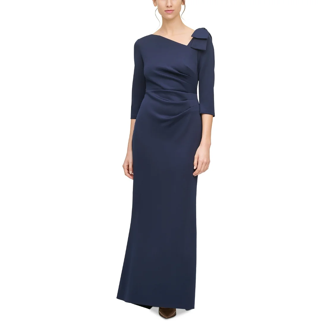 

Navy Blue 3/4 Sleeve Floor-Length Asymmetrical Neckline and Bow Detail Mother of the Bride or Groom Dress for Weddings and Event