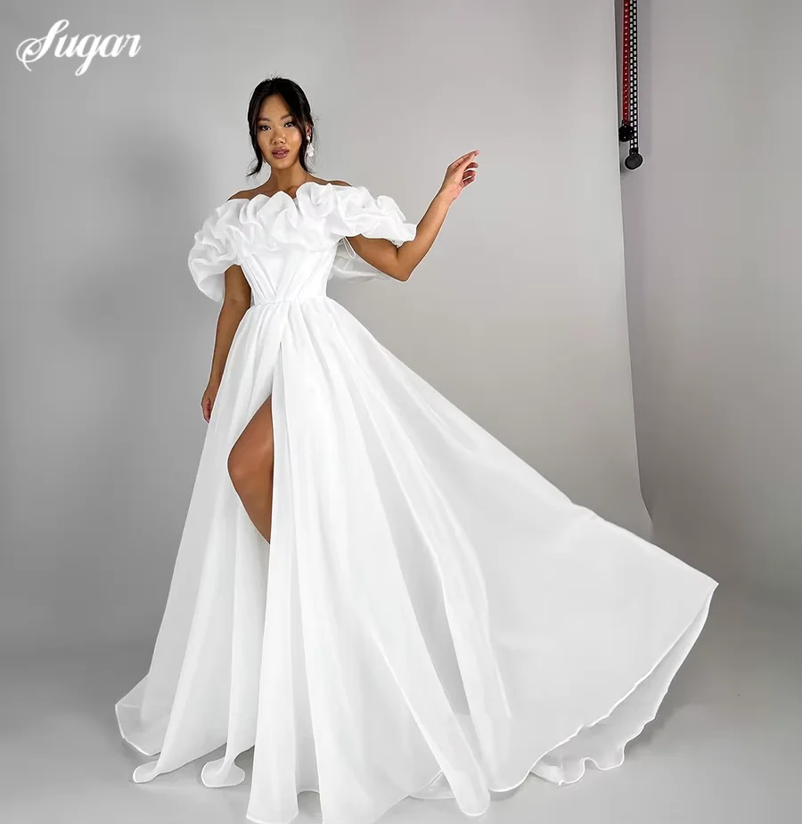 

White A-line Wedding Dresses Off Shoulder Backless Lace-up Illusion Temperament High Slit Bride Gown Pleat Свадебное платье