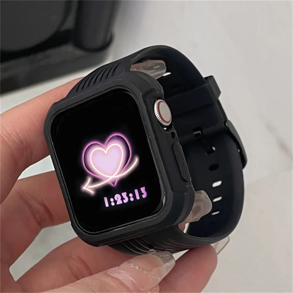 Streep Sport Matte Band + Hoesje Voor Horloge 44 45 49 42Mm 40/38 Voor Iwatch 7 8 6 5 Se 41 Siliconen Vrouwen Doorzichtige Armband