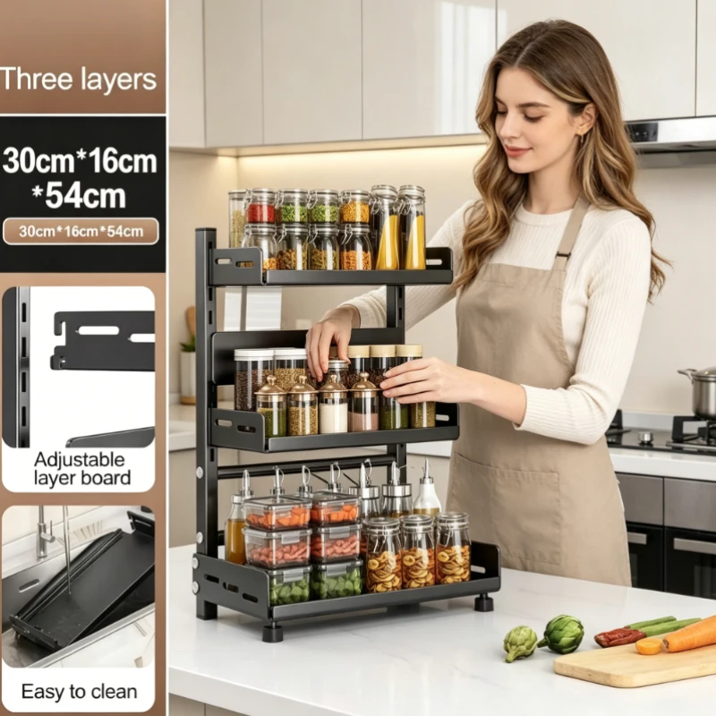 

Adjustable 3 Tier Kitchen Spice Rack, Black Metal Heavy Duty Storage Shelf, Countertop Cabinet Organizer for Seasoning Condiment