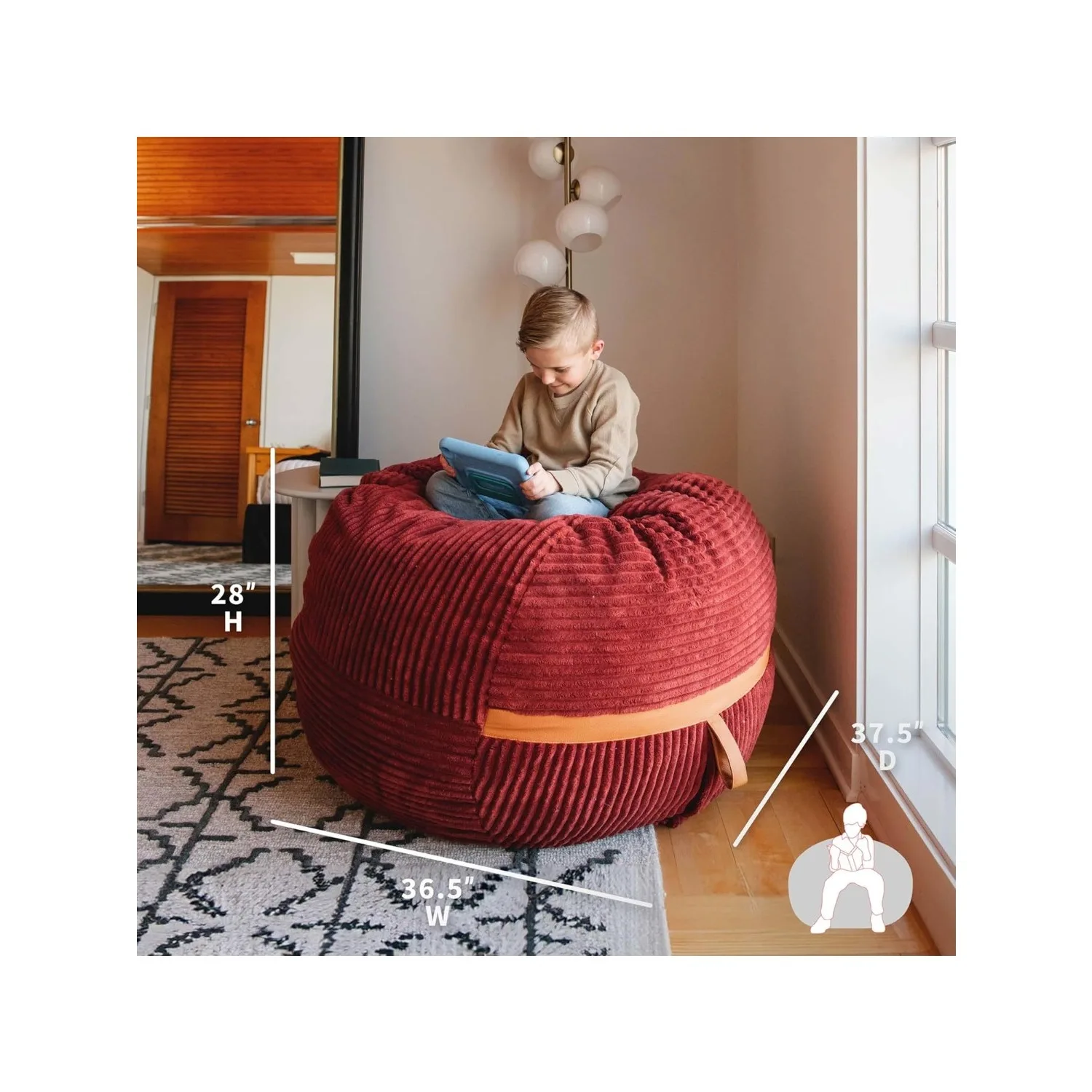 Medium Foam Filled Bean Bag Chair with Removable Cover, Deep Terracotta Corded Plush, , 3 feet Big