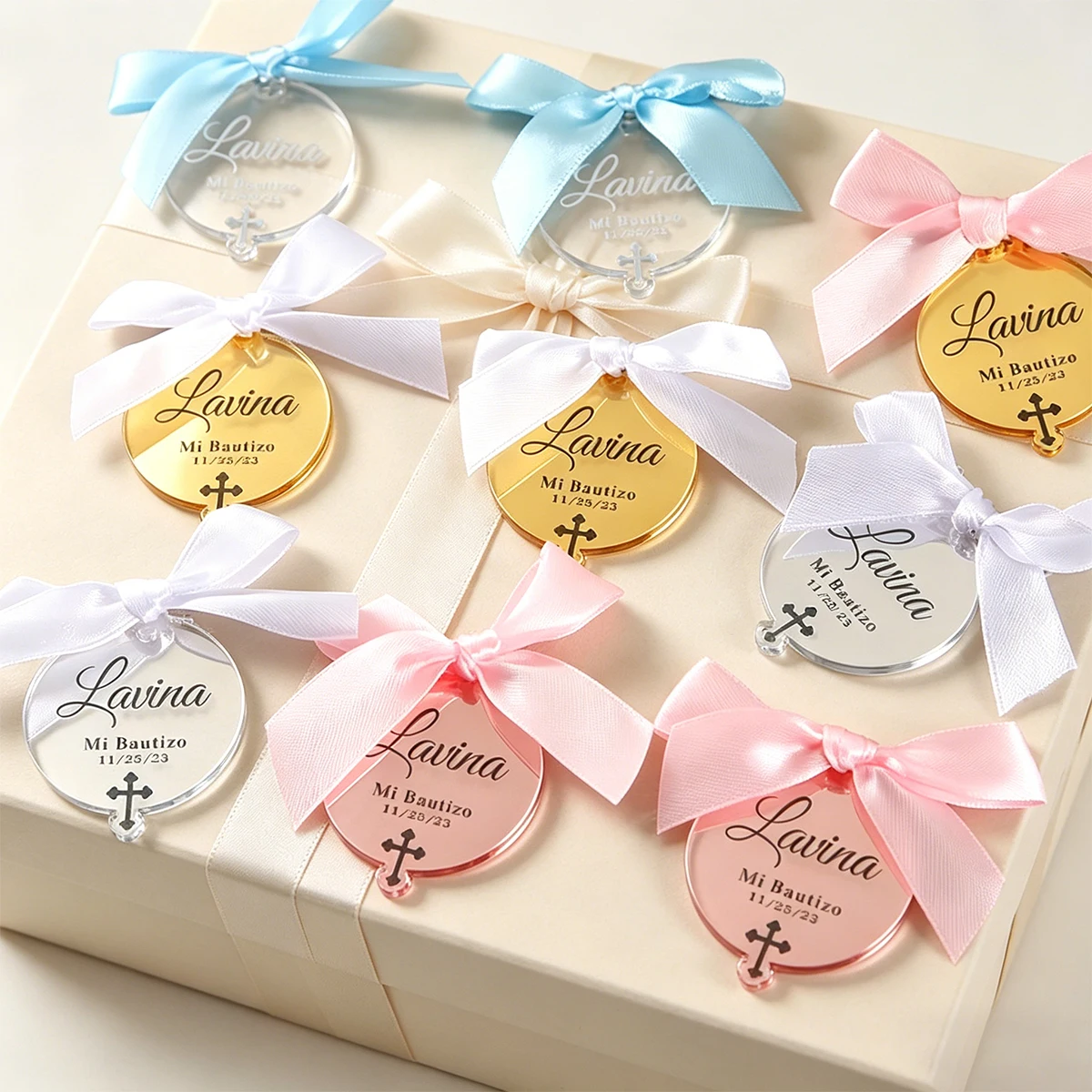 20pcs Gold Acrylic Mirror Tags Personalized Baptism Favor Wedding Name Tag Mi Bautizo Labels Assorted Name Tags